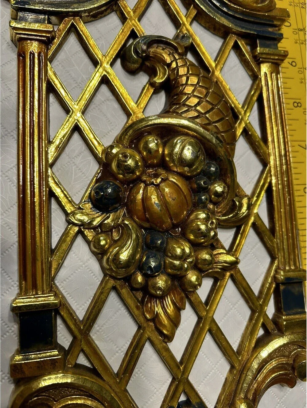 Vintage Set 2 Gold Wall Plaques Flowers Cornucopia Syroco Dart Industries 1971